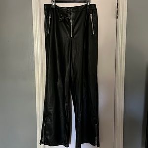 Black zip up and button Pretty Little Thing wide leg leather pants